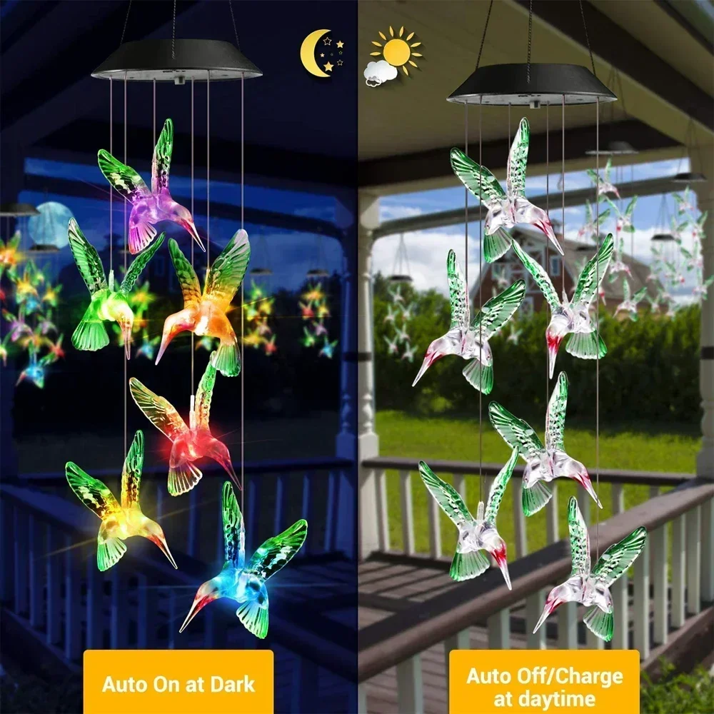 Christmas Solar Wind Chime Crystal Ball Hummingbird Wind Chime Lamp Waterproof Outdoor Use for Courtyard Garden Yard Decoration