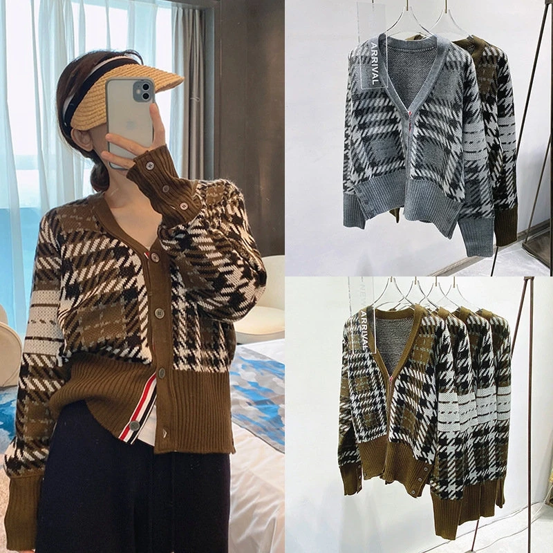 

TB Knitted Women's Cardigan Autumn Winter New Houndstooth Loose V-neck Long-sleeved Sweater Office Casual Elegant Jacket Coat