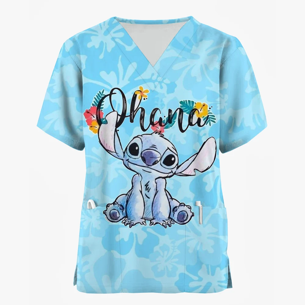 thumbnail image 1 of Camisa de trabajo para mujer con estampado navideño de Disney Stitch, camiseta de manga corta con cuello en V, blusas, ropa de cuidado, ropa de enfermera, cintura, 1 of 5