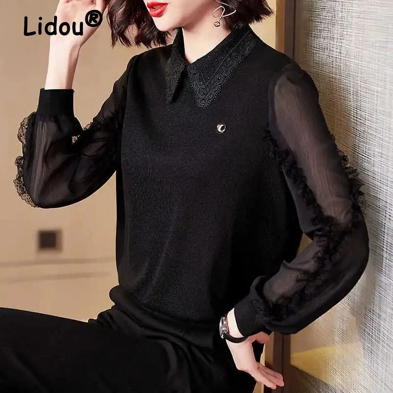 Women Korean Fashion Sexy Sheer Mesh Lace Patchwork Elegant Chic Blouse Female Casual Black Long Sleeve Loose Tops Blusas Mujer