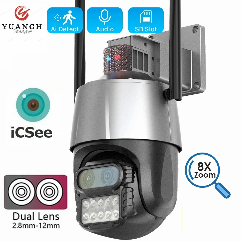 4MP ICSee Outdoor PTZ WIFI IP Camera 2.8+12mm Dual Lens 8x Zoom Waterproof Speed Dome Wireless Security Surveillance Camera