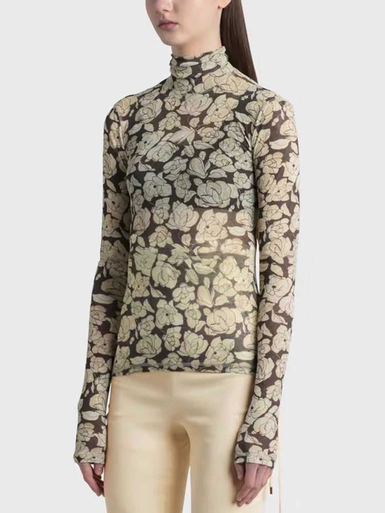 

Тонкая женская одежда с винтажным принтом, стрейчевая Облегающая рубашка с высоким воротником, y2k, осенняя футболка с длинным рукавом, новинка 2023