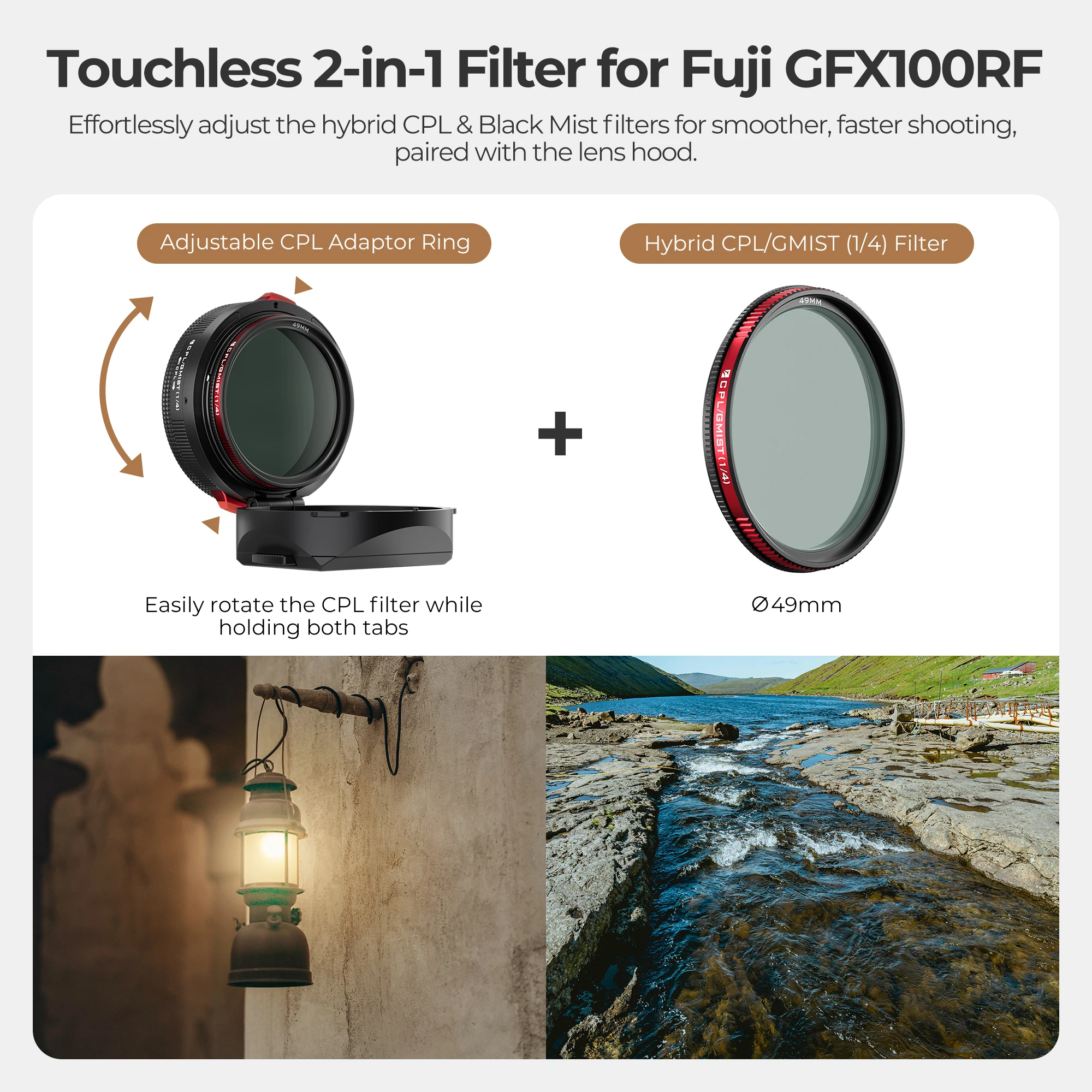Real Lens Hood for Fuji X100 Series With Hybrid CPL/Black Mist Filter, Flipable