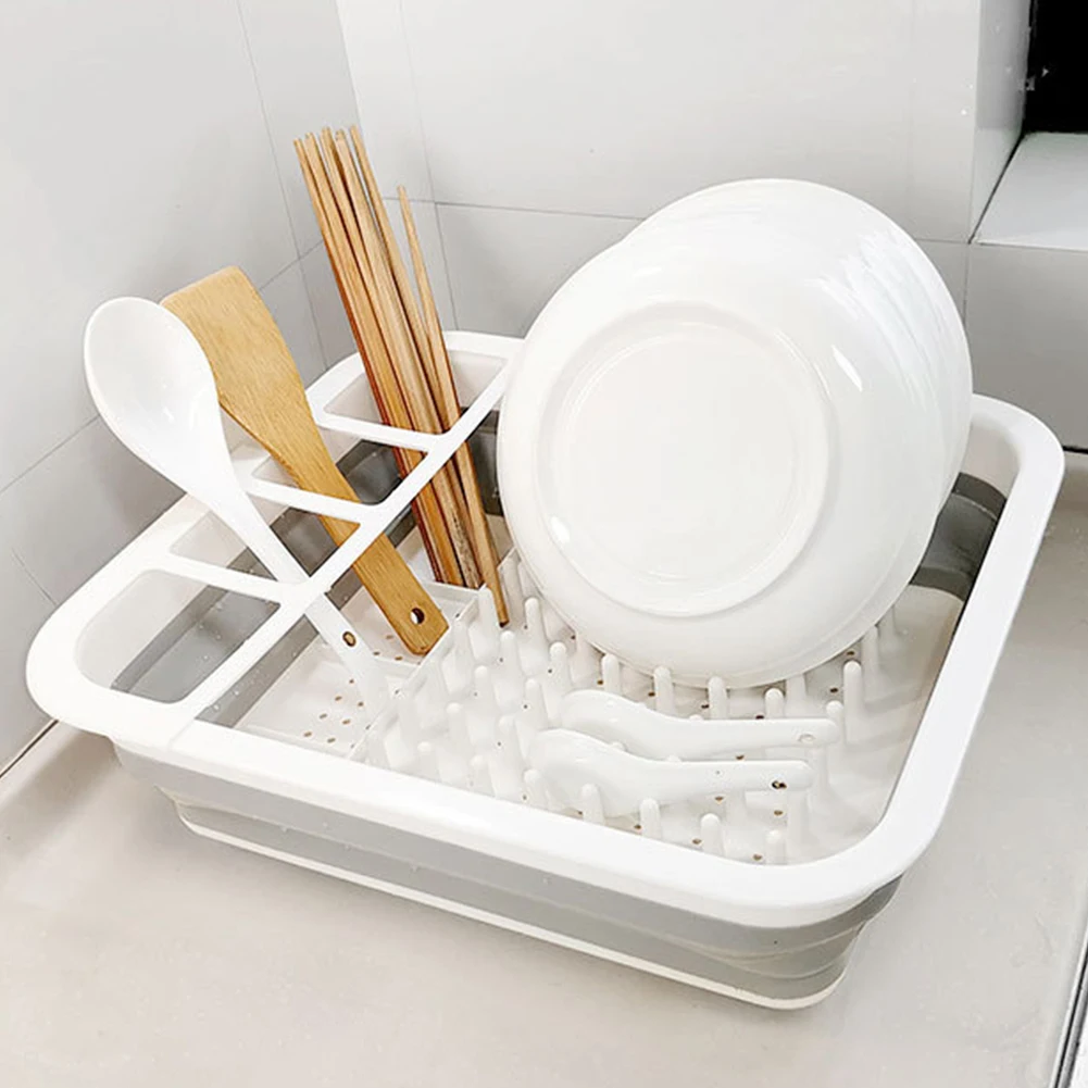 Collapsible Dish Drainer Dinnerware Organizer With Cutlery Divider Space Saving Kitchen Storage Tray for Compact Storage