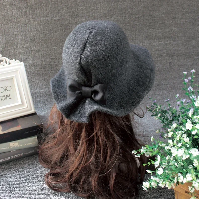 Autumn Winter Fedoras Women Hat Elegant Vintage Bowknot Wool Ladies Hat Dome Felt Wedding Church Jazz Cap Female Bow Bowler women hat