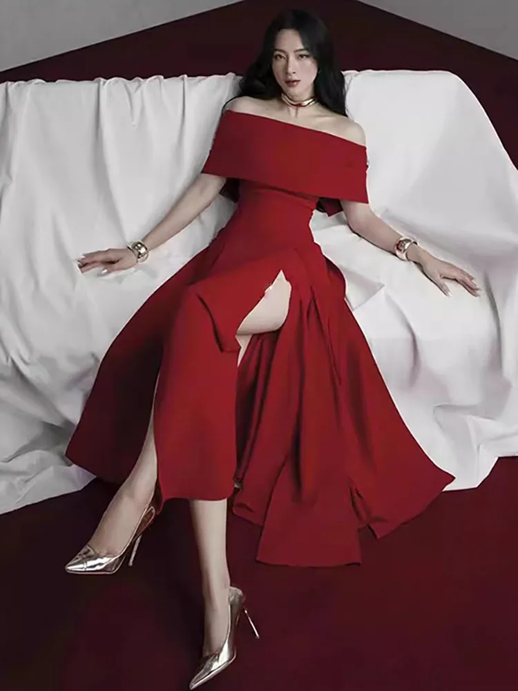 QMQA Fashion Women's Evening Dress Slash Neck Waist Retraction High Split  Red Mid-calf Dresses Autumn 2025 New Clothing 1A507 - AliExpress 200000345