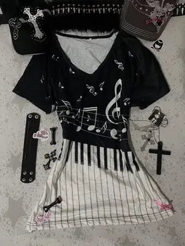 Y2K Gothic Music Tee Piano Keyboard Musical Notes Print V-Neck T-Shirt Women 2000s Grunge Japanese E-girls Retro Tees hottie top 1