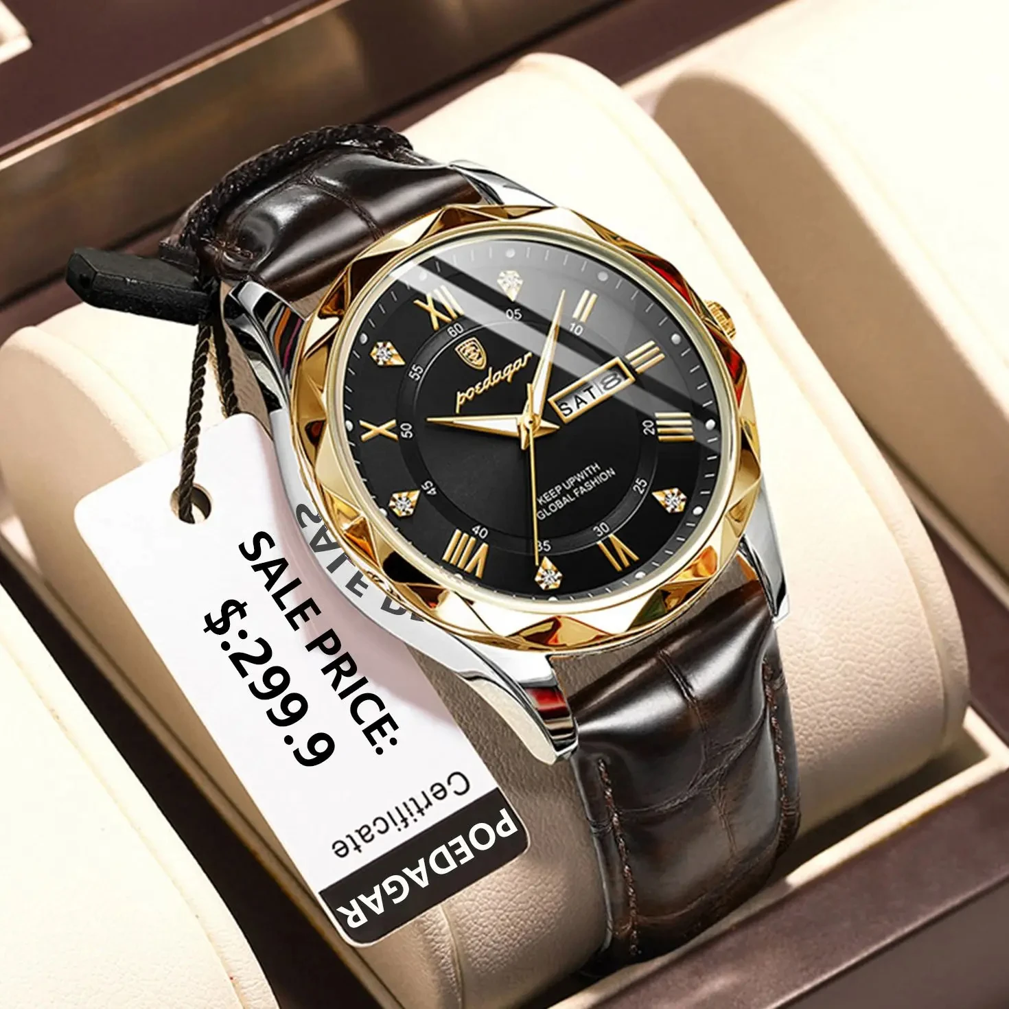POEDAGAR Man Wristwatch Luxury Business Waterproof Luminous Date Week Men Watch For Men Quartz Clock Leather Men's Watches reloj