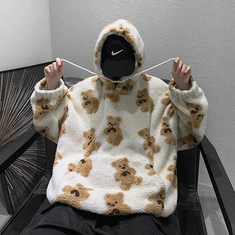 Lamb Wool Sweatshirt Women 2023 Cartoon Little Bear Pullover Y2K Hoodies Women Streetwear Trend Loose Men Tops Men's Winter Coat