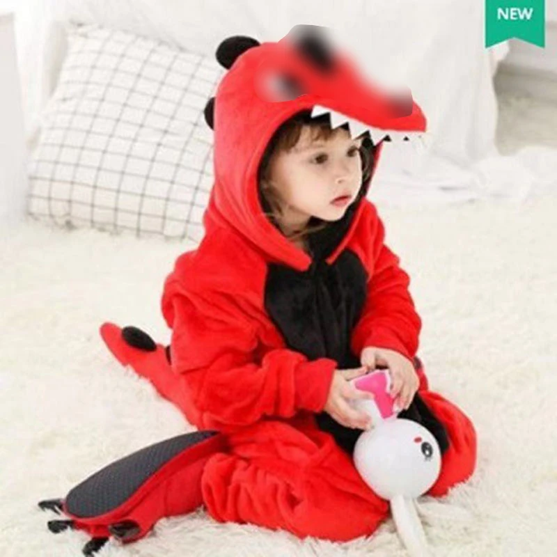 Thickened Warm Winter Children Dinosaur One-Piece Pajamas Flannel Cartoon Anime Sleepwear