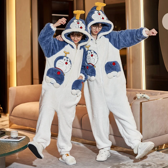 Winter Thicken Women Men Couple Pajamas Jumpsuits Cartoon Doraemon Anime  Sleepwear Onesie Lover Pyjamas Hoodie Coral Fleece - AliExpress