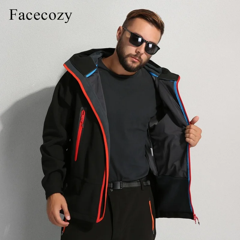 Facecozy Men's Autumn Winter Outdoor Breathable Softshell Camping Hiking Jacket Male Fleece Hooded Thermal Fishing Skiing Coat