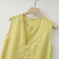 2025 Summer Women Solid Linen V Neck Sleeveless Fashion Dress Split Tank Dress - Image 3