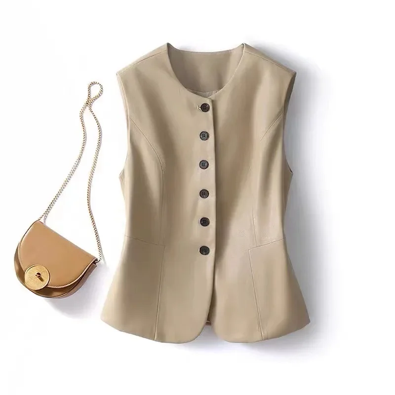 Women Lambskin Single Breasted Female Genuine Leather Round Neck Slim Fit Tank Top Streetwear Sleeveless Jacket Chaleco Mujer