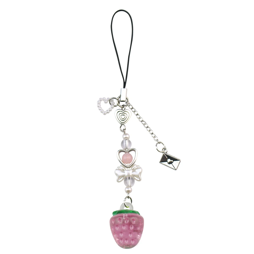 Adorable Strawberry & Cherry Phone Charm with Heart Bow Beads and Guitar Pendant