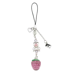 Adorable Strawberry & Cherry Phone Charm with Heart Bow Beads and Guitar Pendant (Pink - Strawberry)