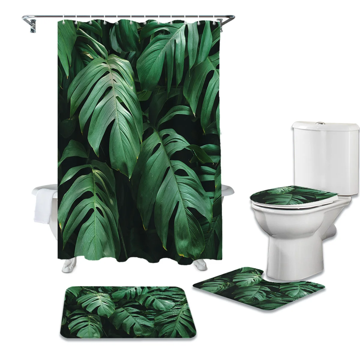 Tropical Green Plant Coconut Tree Bathroom Shower Curtain Bath Rug