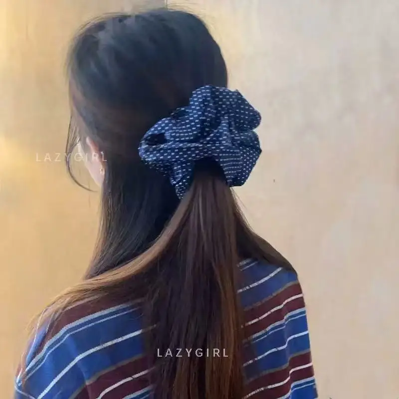 1PC Navy Blue Polka Dot Bow Scrunchie, Cute Large Hair Tie for Women, Sweet Hair Accessory for Daily Wear and Beach Style