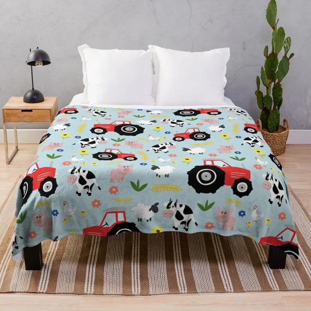 

Cute Kids Red Tractor Farm Animal Pattern Cartoon Throw Blanket For Sofa Thin for winter Decorative Beds Blankets