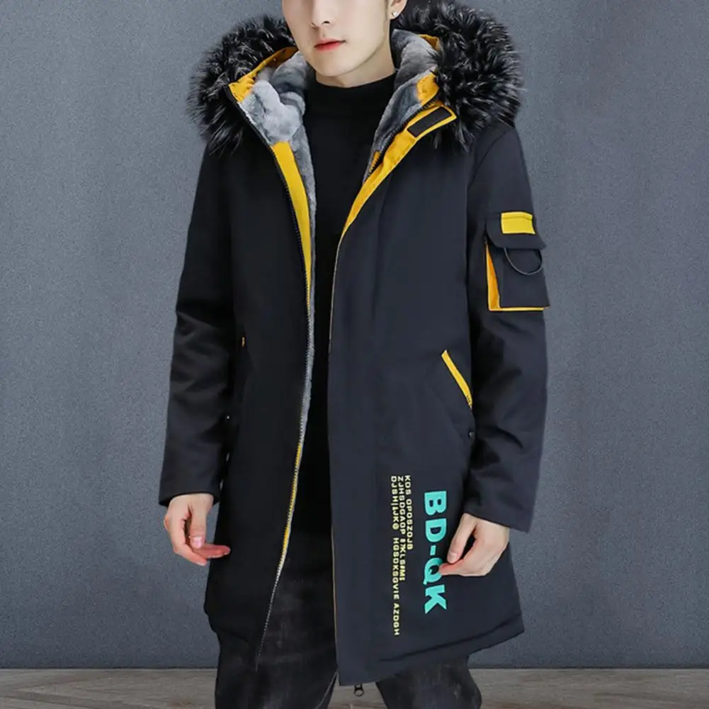Mid-length Cotton-padded Outwear Men's Hooded Color Patchwork Jacket with Fleece Lining Warm Stylish Coat for Autumn Winter Men