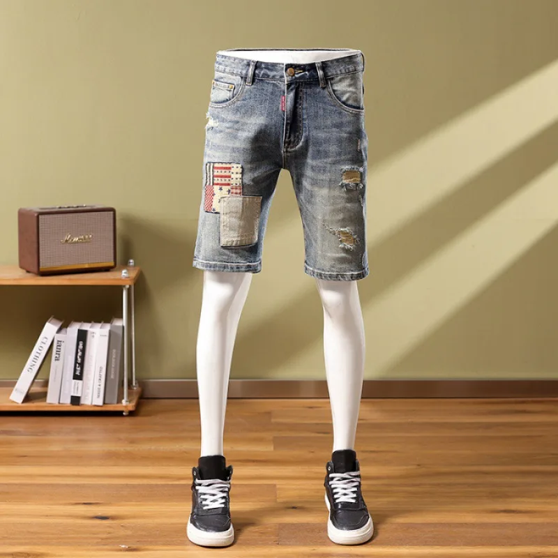 Jeans Short Men's Stitching Patchwork Ripped Trendy Slim Embroidered Personality Street Retro Biker's Middle Pants