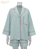 Clacive Fashion Loose Blue Cotton Home Women's Two Pieces Set 2025 Elegant Long Sleeve Shirt With High Waist Shorts Set Female - Image 4