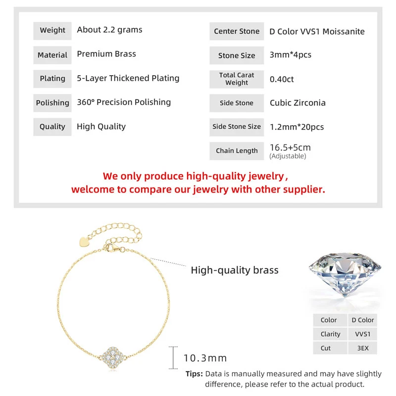 OXTAO Lucky Moissanite Blumenarmband D VVS1 Lab Imitation Diamond Four-Leaf Flower Chain Armband Damenschmuck 14KGold gefüllt – Detail 1