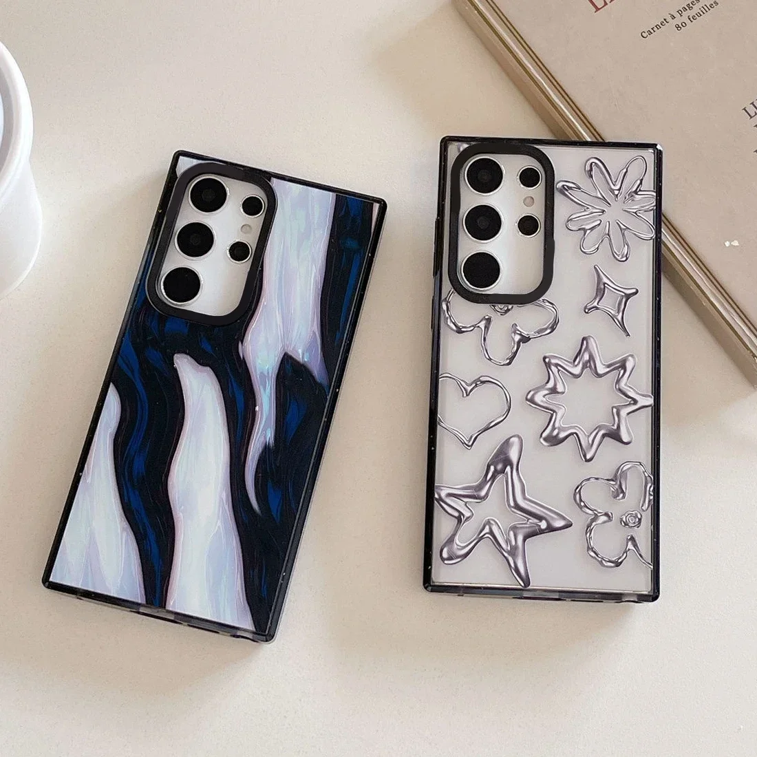 Acrylic Black Border Silver Star Case for Samsung Galaxy S22 S23 S24 Ultra S22+ S23+ S24 Plus Cover Protective Shell