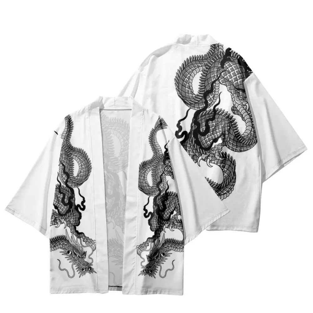 

Кардиган для косплея для мужчин и женщин, юката с китайским мультяшным драконом, уличная одежда, свободное японское кимоно, пляжные шорты, хаори, белый цвет