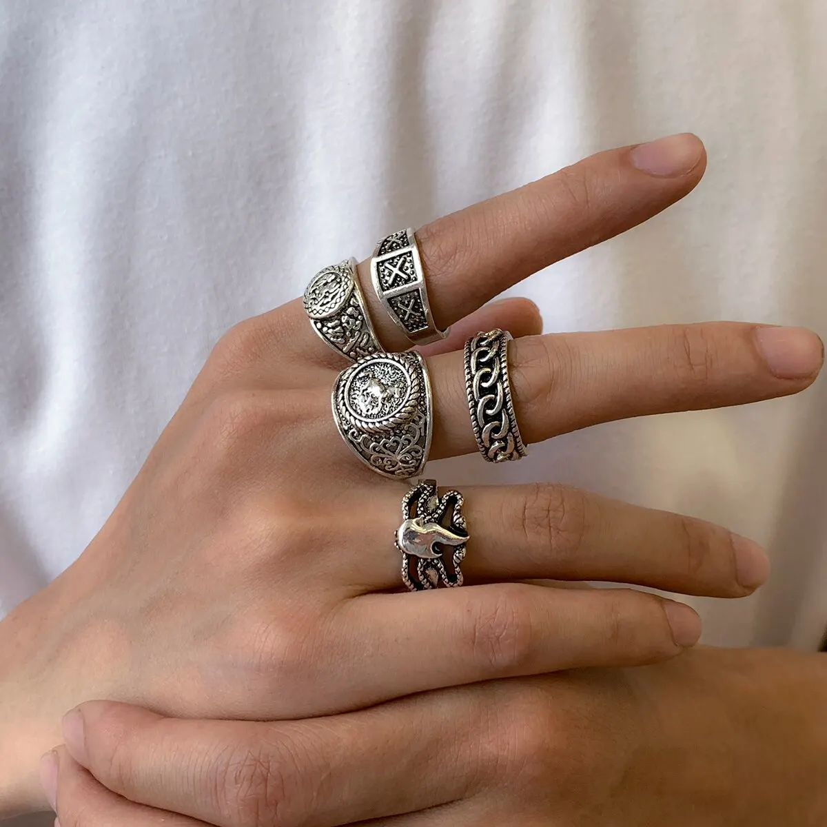 5Pcs/Set Goth Totem Horse Flame Antique Silver Color Rings