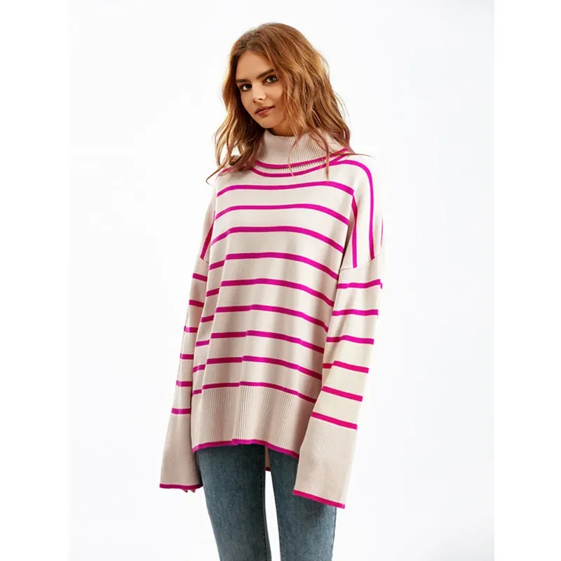 

Elegant Striped Women's Turtleneck Knit Sweater Casual Long Sleeved Pullover Top 2023 Autumn Lady Chic Oversized High Streetwear