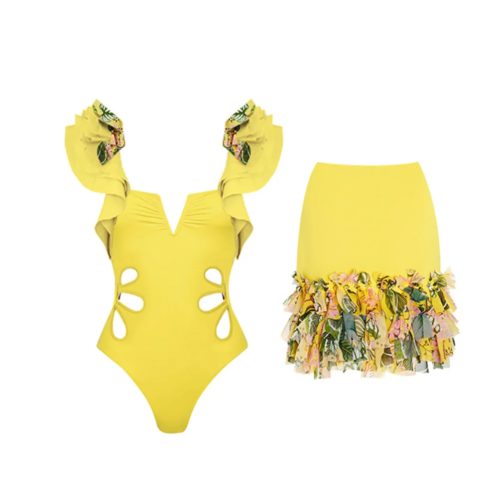 Female Retro Swimsuit Yellow One Piece Swimwear Holiday Beachwear Solid