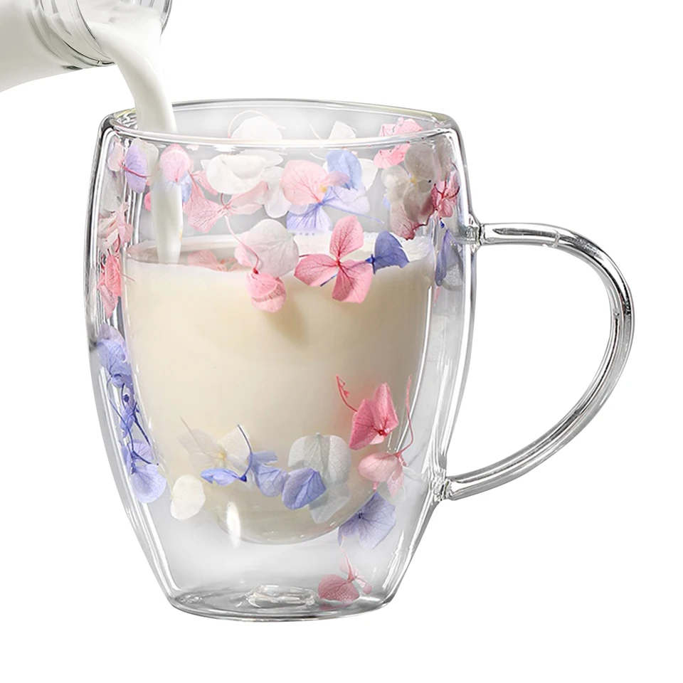 Tazza In Vetro A Doppia Parete Con Fiori Secchi 350ml Isolante Manico - 4