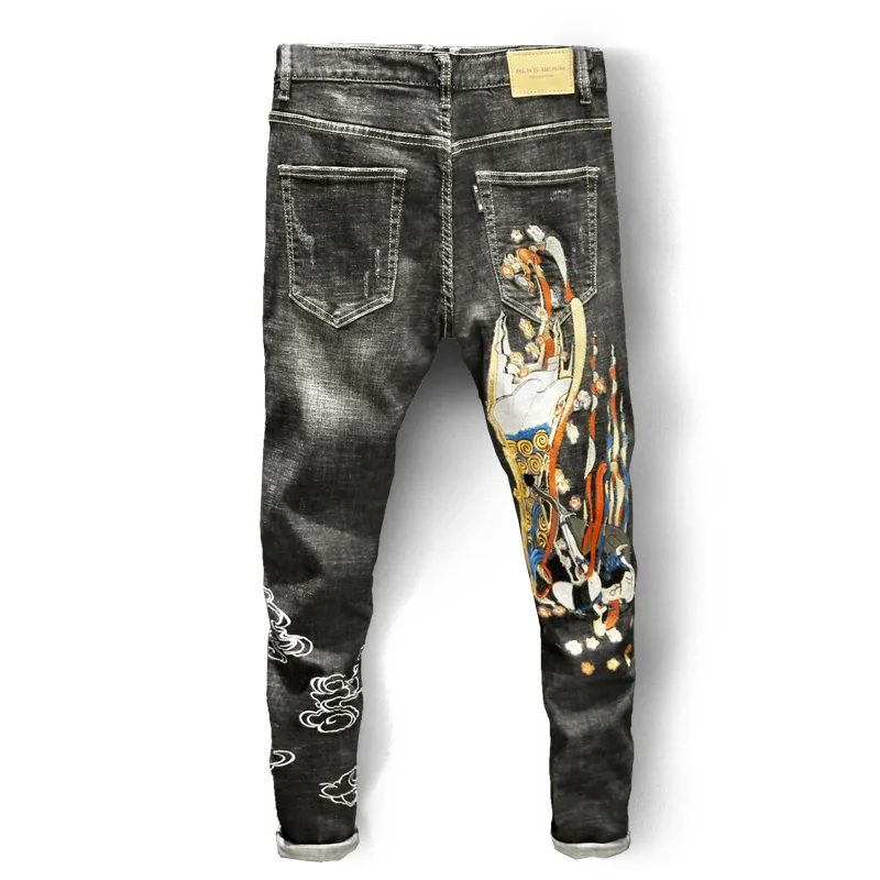 Summer 2021 Hot Heavy Embroidery Black Men's Jeans Small Feet Slim Brand Authentic High-end Stretch Pants Korean Chinese Style