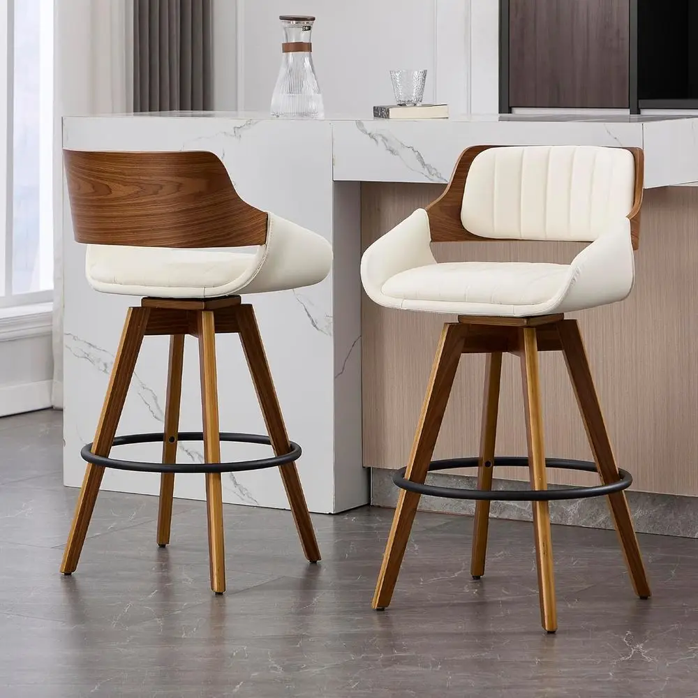 Arvello Walnut Swivel Bar Stool - beige faux leather