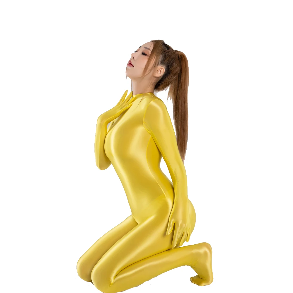 Shiny Glossy Satin Sexy Women's Long Sleeve Finger Gloves Zipper Back Full Length One-piece Bodysuit Silky Tights Zentai Catsuit cosplay costume adult unitard latex lingerie sexy fetish wear
