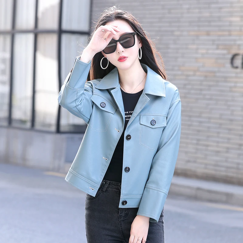 

M-3XL Ladies Casual Faux Leather Jackets Women Clothes 2023 Autumn New Outwear Long Sleeve Biker Jacket Slim-Fit Lapels PU Coat