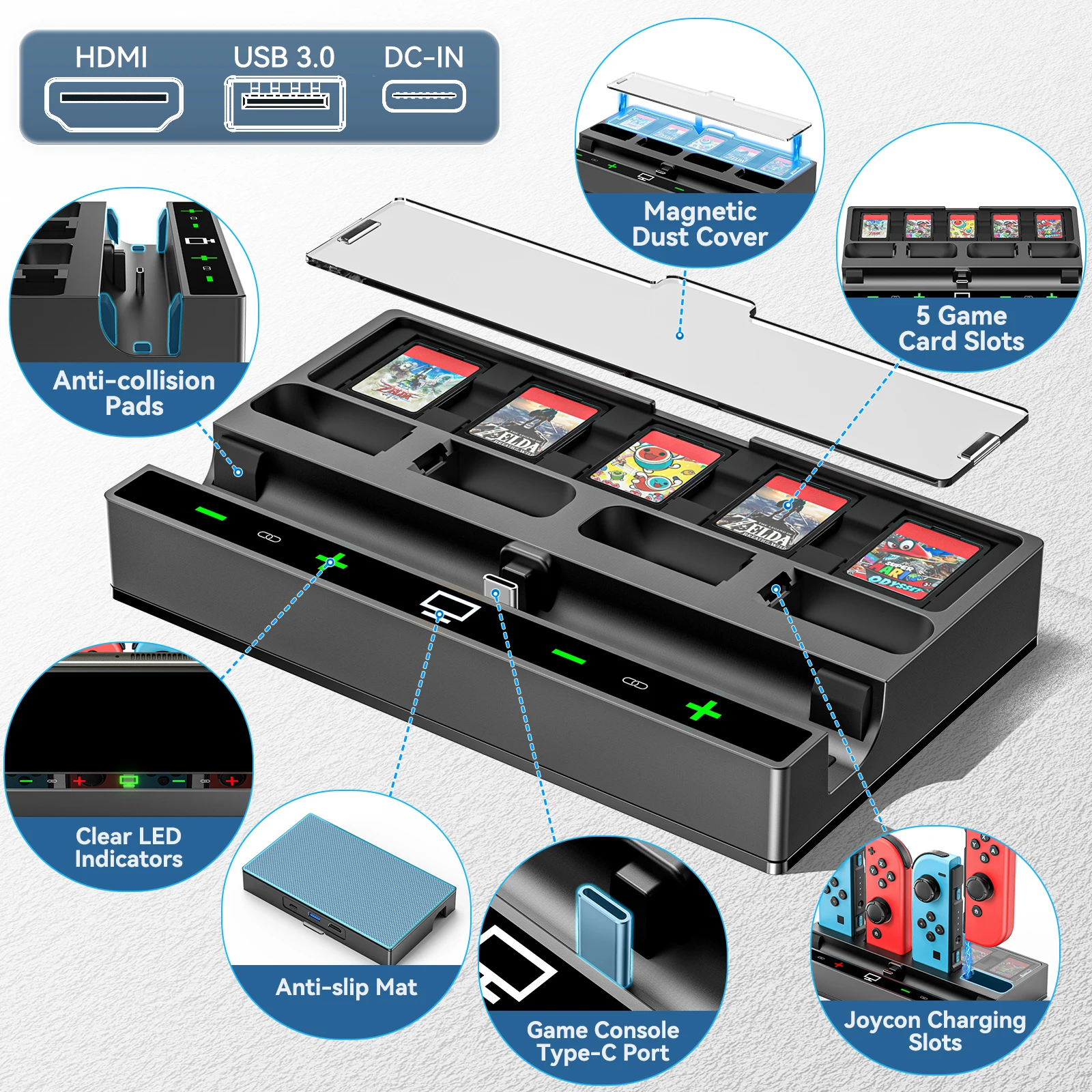 TV용 HDMI 스위치 도킹 스테이션, 닌텐도 스위치 및 스위치 OLED 휴대용 도크, 스위치 컨트롤러 충전기 포함, 4K