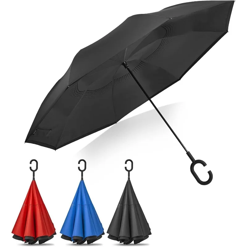 Large Inverted Umbrella Top and Bottom Folding Umbrella with C-shaped Handle Windproof Double-layer Protection Tool