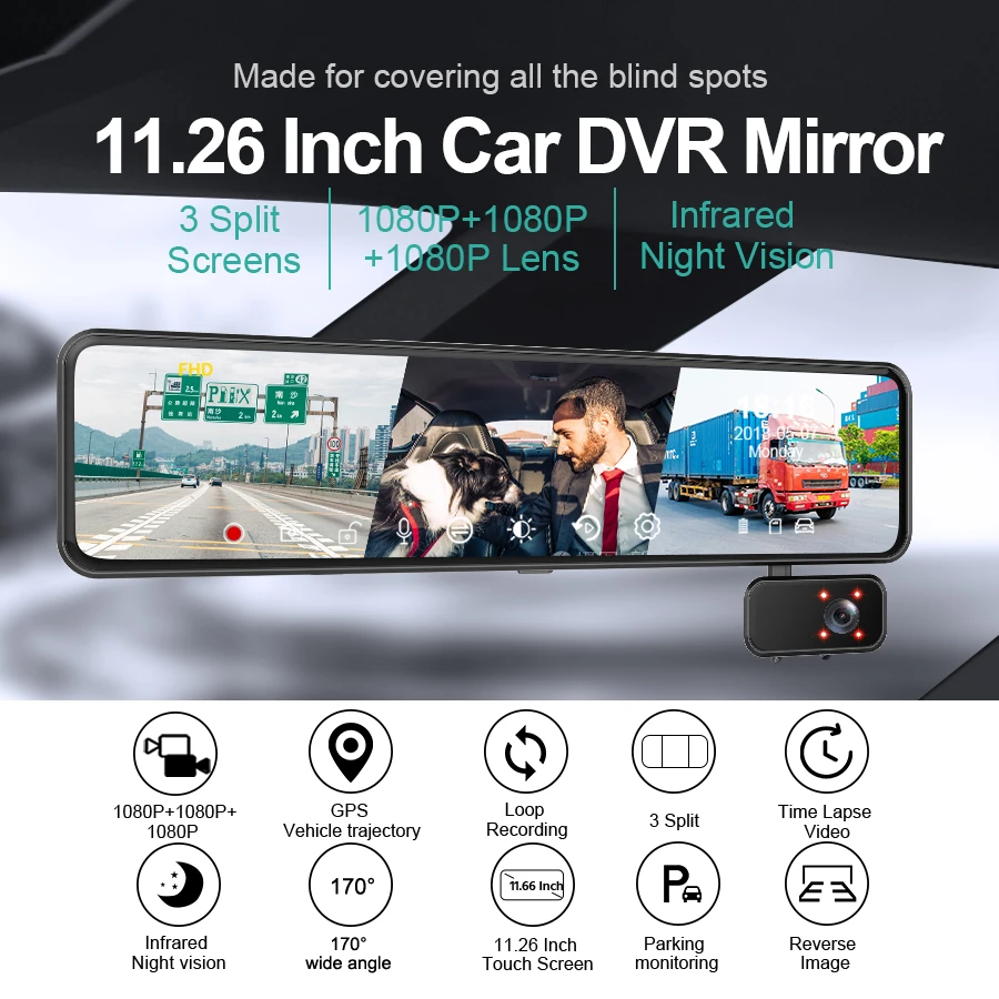 3 Cameras Car DVR Stream Medica Mirror Video Recorder 11.26 Inches GPS Dual Lens Support 1080P Rearview Camera| | AliExpress