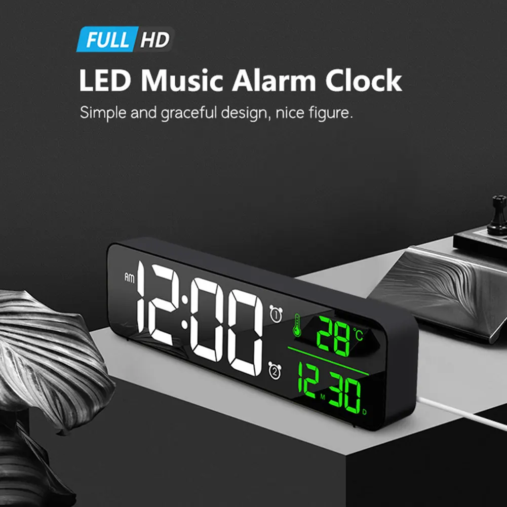 Alarm Clock For Bedside Office Black Adjustable Brightness Date Temp