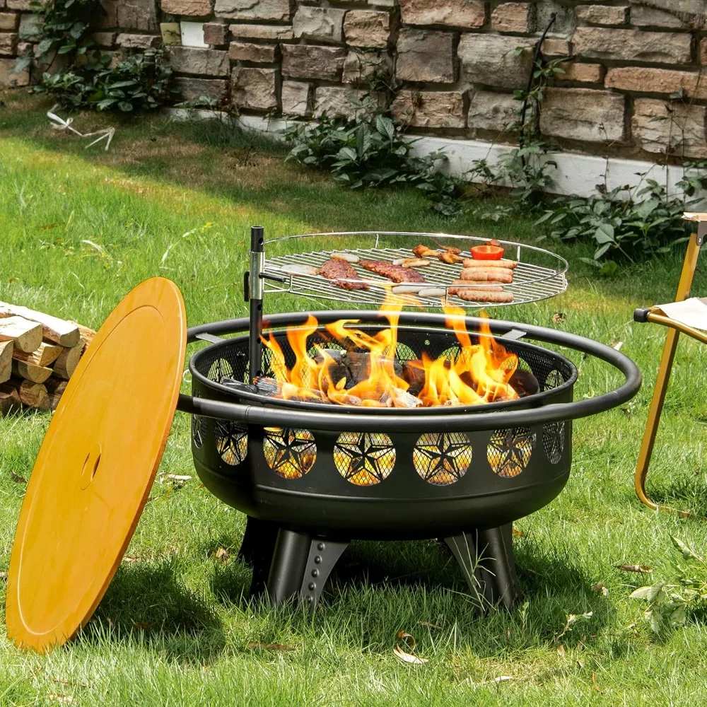 2024 New 3-in-1 Fire Pit with Swivel Cooking Grate, 32 Inch Wooding Burning Fire Pit