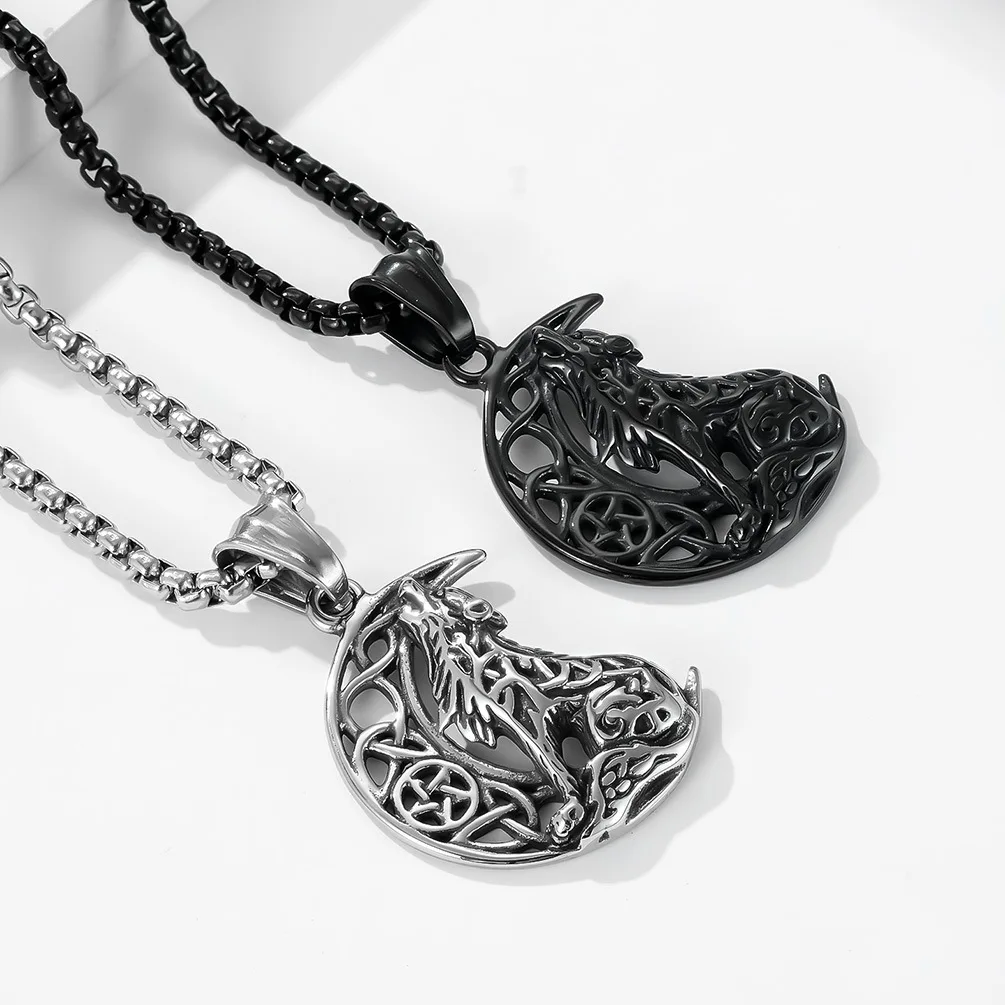 Fashion Vintage Style Jewelry Nordic Celtic Wolf Moon Hollow Pendant Stainless Steel Necklaces for Men