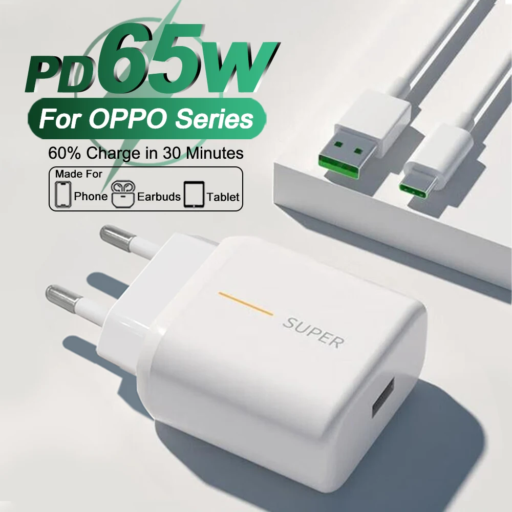 Original 65W Supervooc Fast Charger For OPPO K13 K12 K11 K10 Turbo Reno Pro Find X8 X7 X6 A5 A6 Pro USB Type C Cable