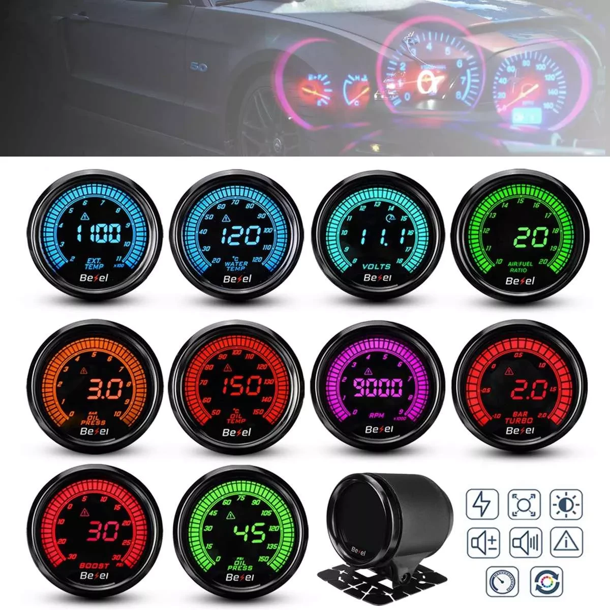 52mm Universal Car Auto LED Gauge Water Oil Temp/Pres Volt Tacho Boost