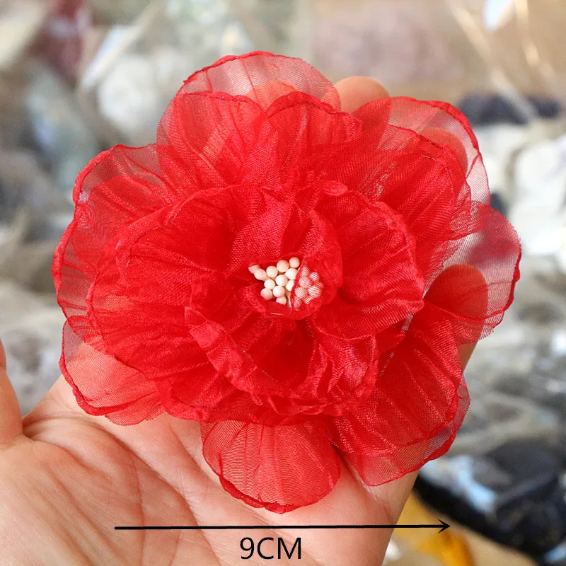 Elegant Red Chiffon Rose Camellia Flowers - Set of 10 for Weddings and Dress Embellishments