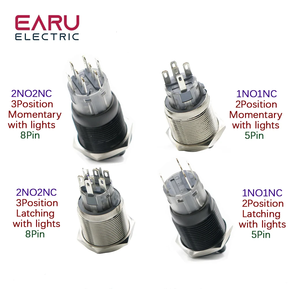 Selector Knob Self-return Momentary Self-locking Fixation Waterproof DPDT Metal Selector Knob Rotary Switch 2 3 Position LED Lamp 19/22MM