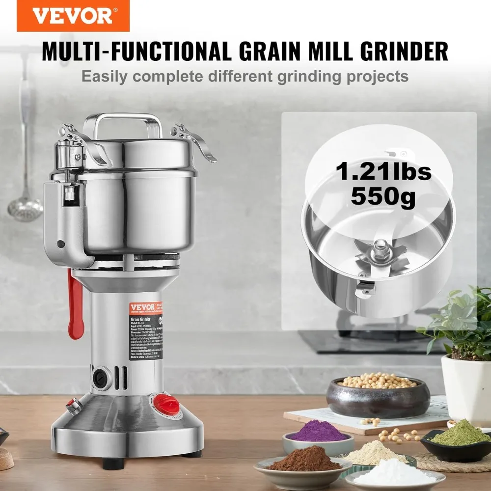 2000W Electric Grain Mill Grinder, High Speed Commercial Spice Grinder, Stainless Steel Powder Machine for Dry Grains Coffee