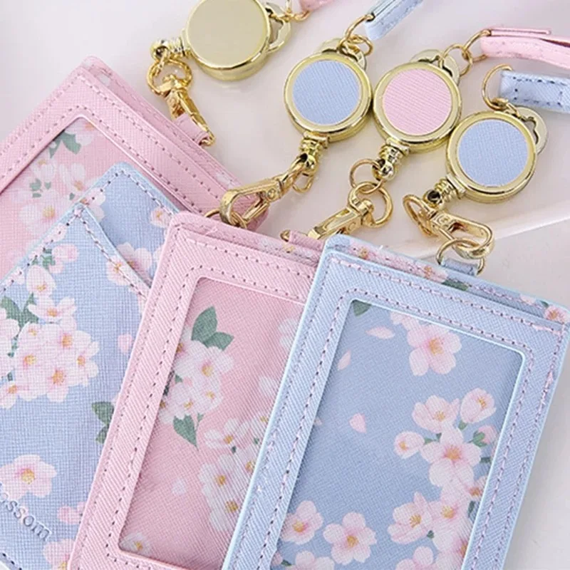 Kawaii Sakura Card Holder Lanyard Photocards ID Business Card Holder Portable Case Korean Stationery Office Supplies