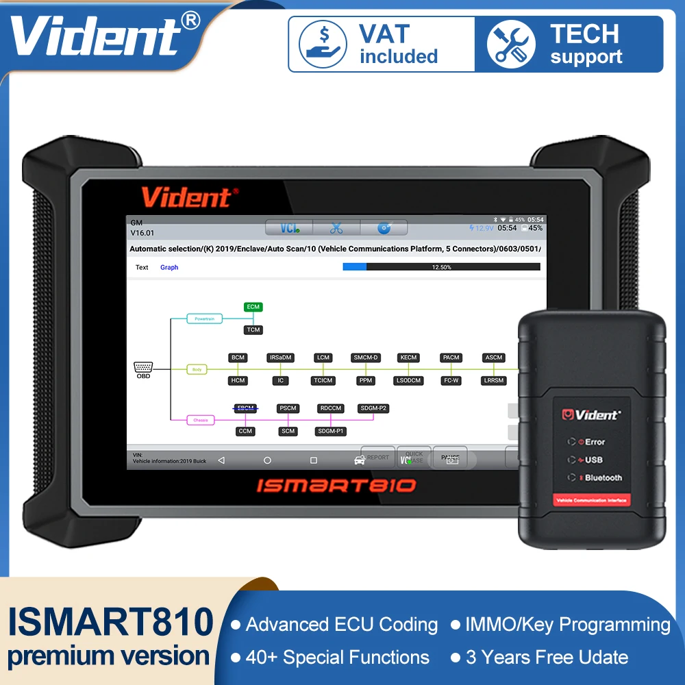 Vident Ismart810 Strumenti Diagnostici Per Auto Premium Tutti I Sistemi 40 + Reset Test Attivo Codifica Ecu Programmazione Chiave Scanner Obd2 Canfd D